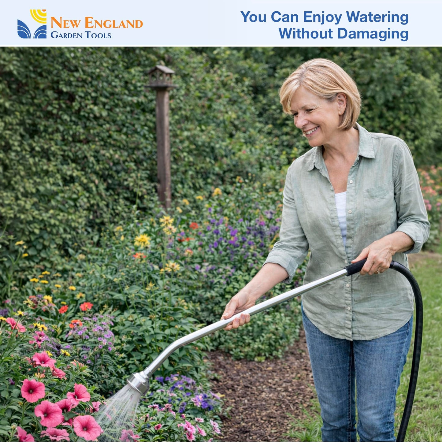 30 Inch Soft Rain Watering Wand 600003, Gentle Shower Spray, Heavy Duty Lightweight Metal Build, Comfort Grip, Flow Control Shut Off Valve, for Plants, Yards, Cars & Pets, by New England Garden Tools