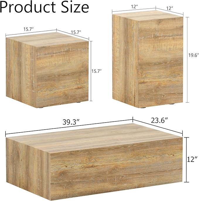 Coffee Table Set for 3, Living Room Table Set, Wood Coffee Table and Side Table