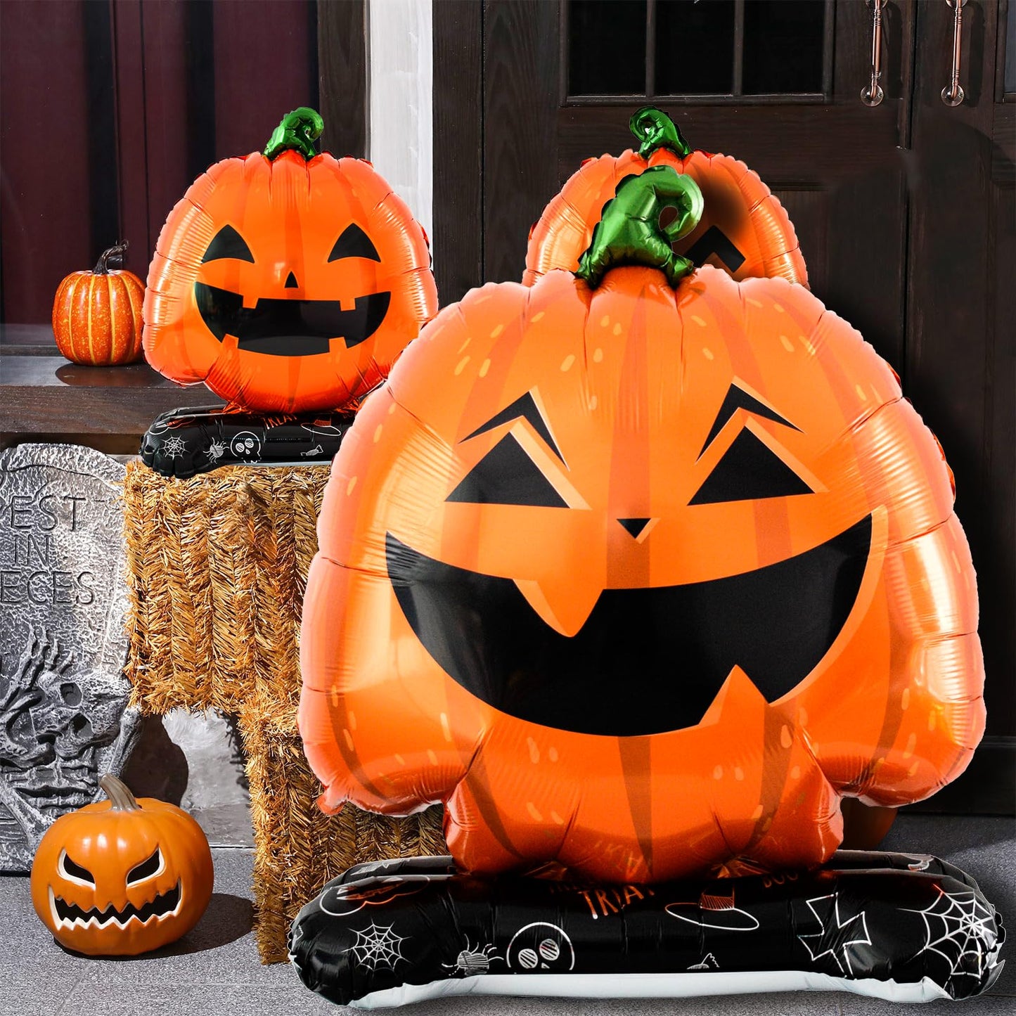 Eanjia Halloween Pumpkin Balloon Set of 4 – Giant Standing Jack-O’-Lantern Mylar Foil Balloons (3.3ft to 1.6ft) for Indoor Party Decorations, Summerween Decor, Trick or Treat Props