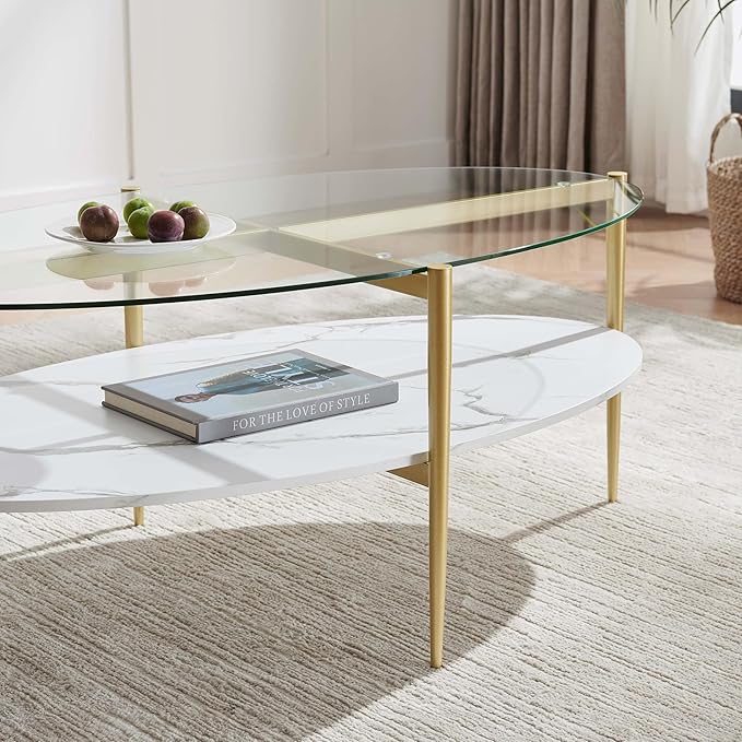 LumFurn Oval Glass Coffee Table, Mid-Century Modern Design, L43 x W22 x H17 inch