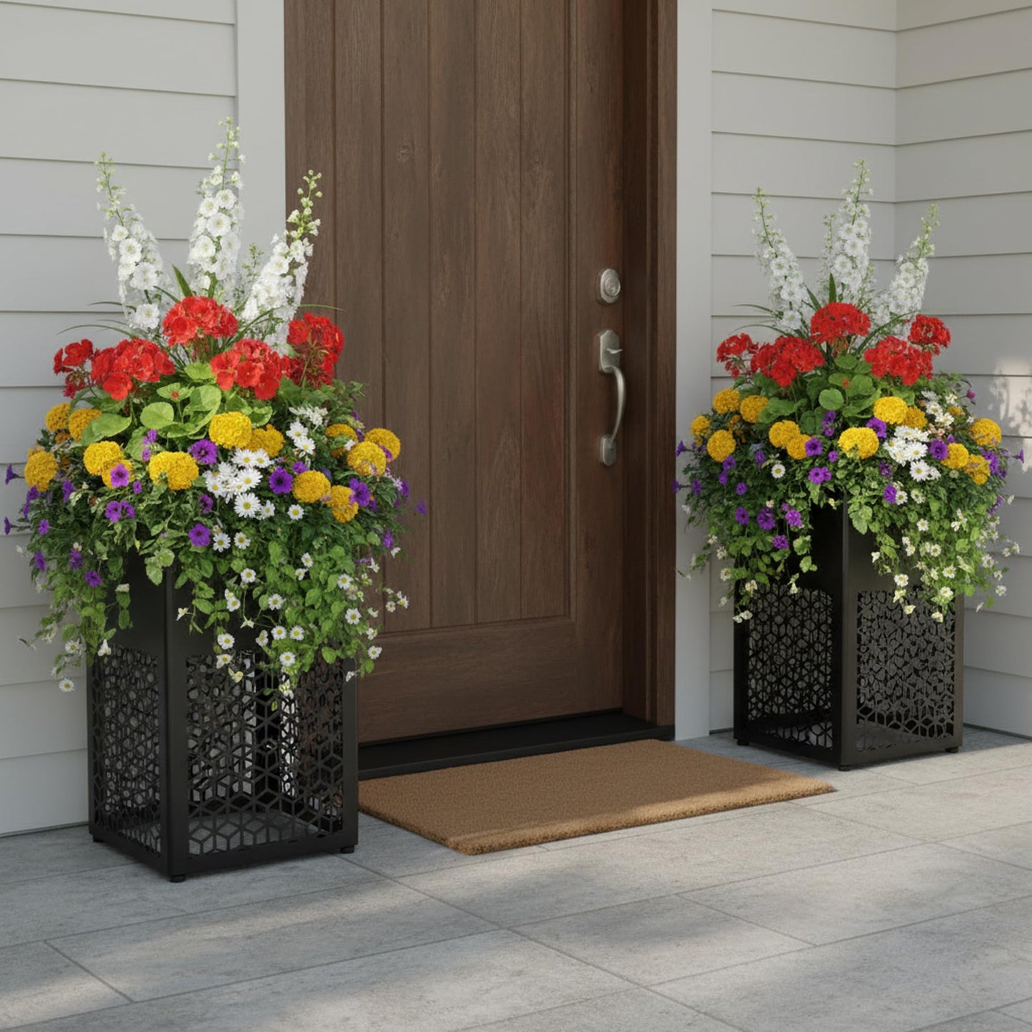 Vrtizalv 2 Pack Tall Metal Planter Box for Outdoor Plants 16" L x 16" W x 30" H, Heavy Duty Tall Rounded Corner Spliced Hollowed-Out Design Planter for Porch, Garden, Patio, Yard Outdoor Plants