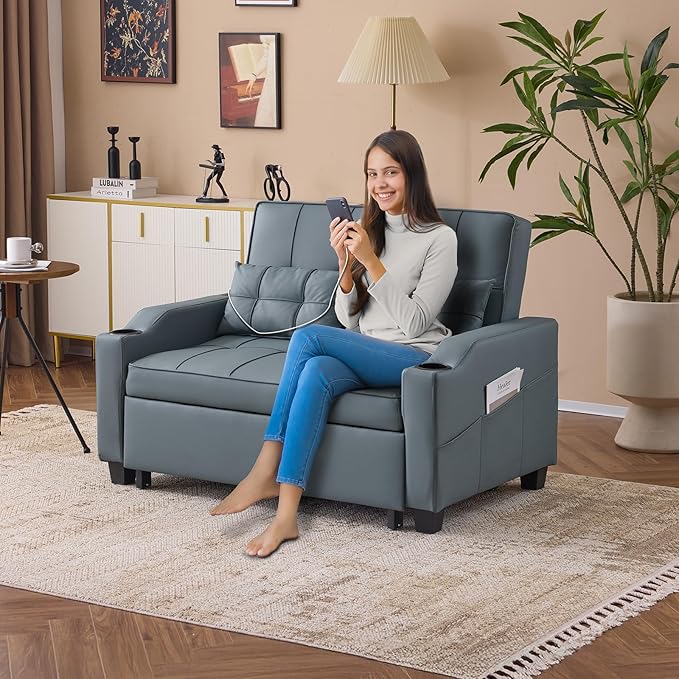 VINGLI Blue Grey Futon Sofa Bed Convertible Loveseat Sleeper Couch, Faux