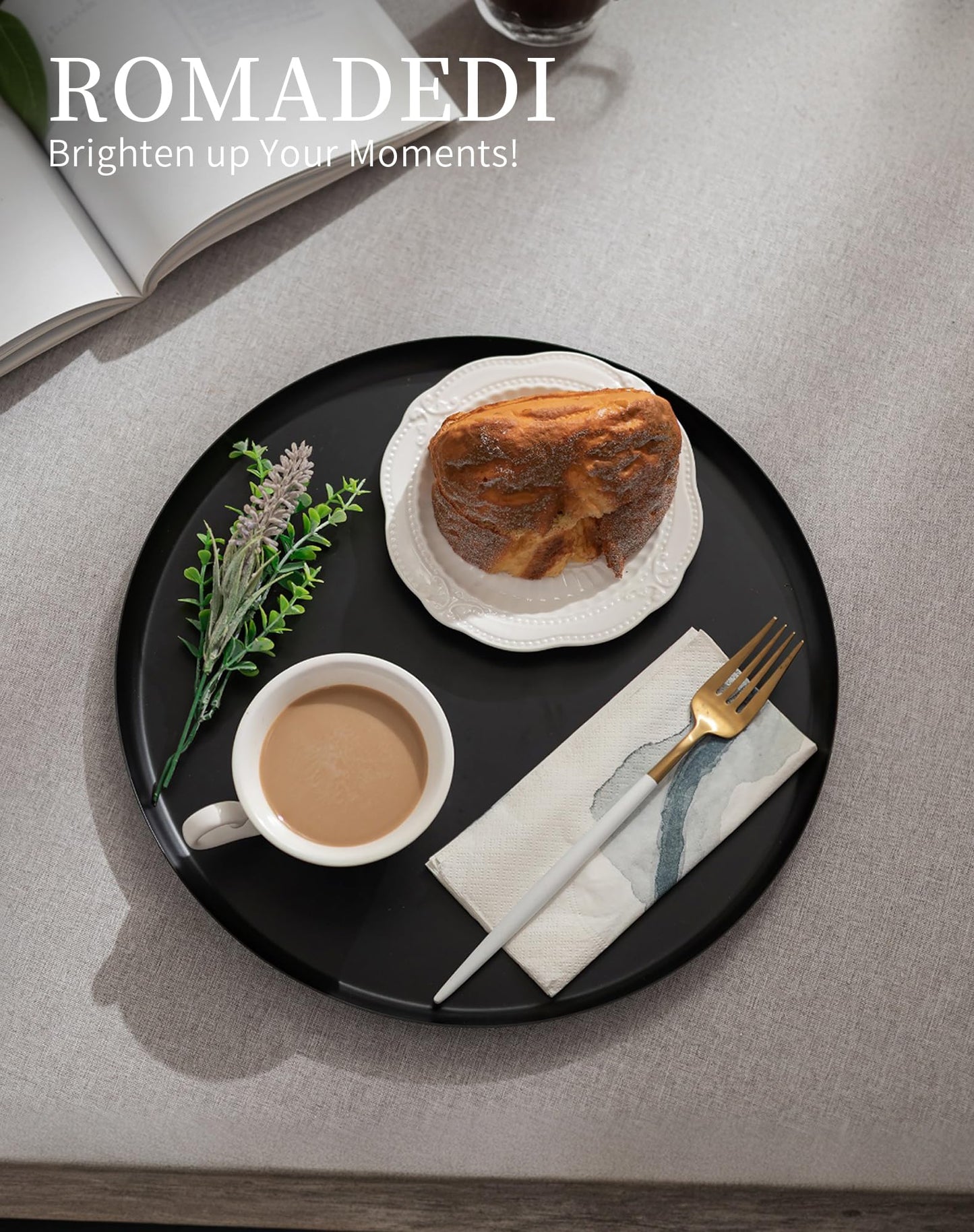 Romadedi Black Round Decorative Tray: Metal Candle Trays Decor for Coffee Table Centerpiece Large Modern Serving Tray for Kitchen Counter Farmhouse Home Decorations, 12.6 Inch