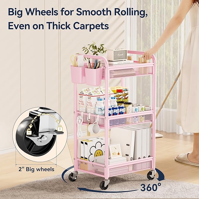 YASONIC 3 Tier Rolling Cart – Metal Utility Storage Cart
