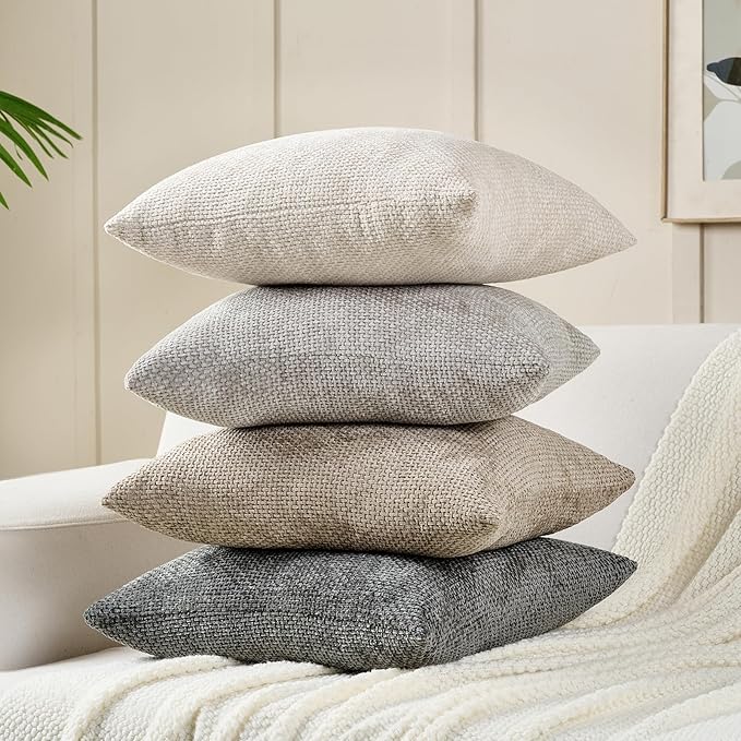 Volcanics Boho Throw Pillow Covers 20x20 Set of 4, Neutral Chenille Decorative