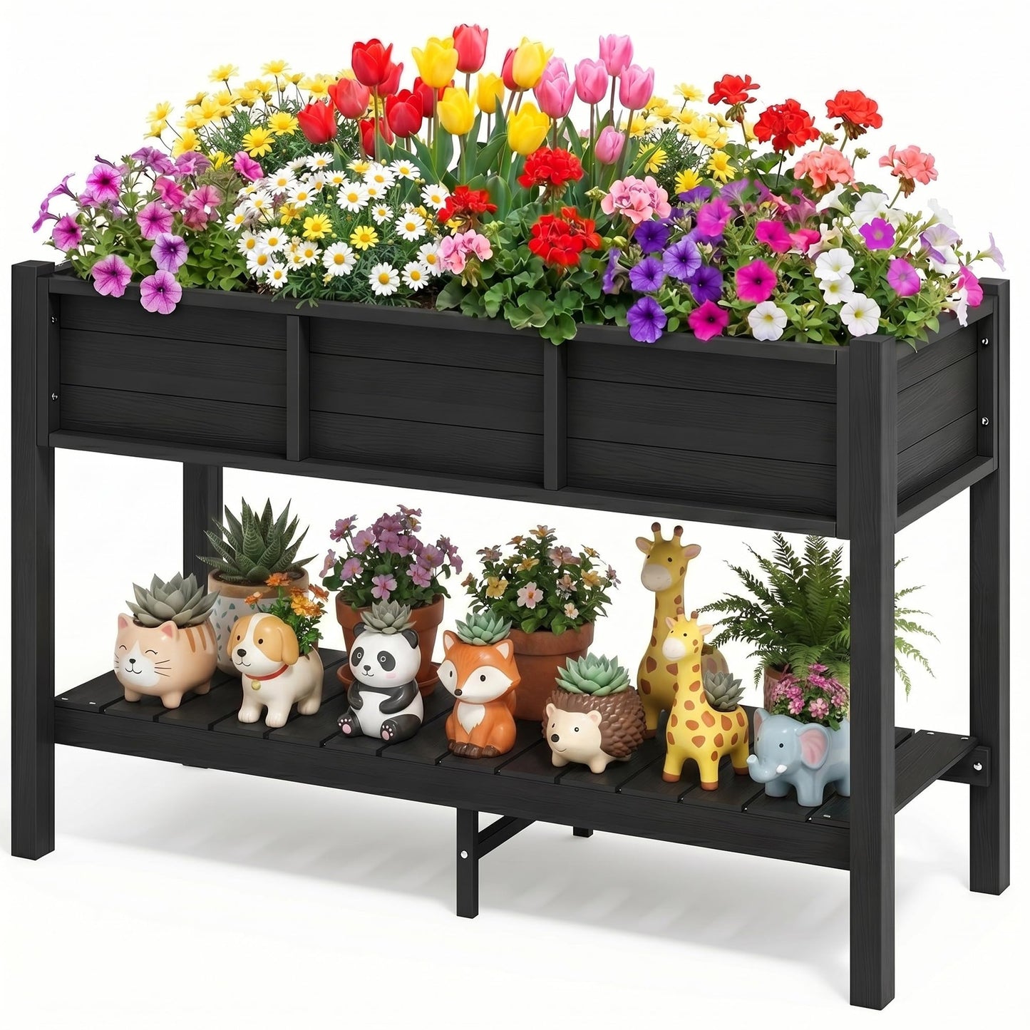 DWVO 48x18x30in Raised Garden Bed Kit, HDPE Planter Box Stand, Poly Wood Weather-Resistant Planter Box with Legs & Storage Shelf, Elevated Garden Bed for Backyard, Patio, Balcony,Black