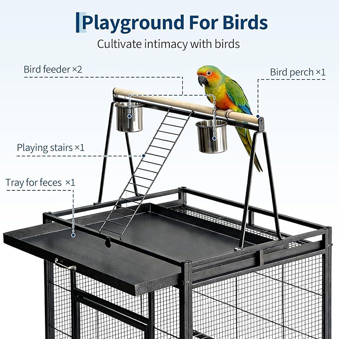 69" H Extra Large Bird Cage with Play Top & Rolling Stand, Wide Metal Parrot Cage for Macaws, Parakeets, Cockatoos, Conures, Lovebirds, Includes Bowls