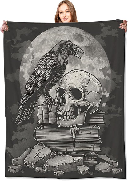Gothic Skull Blanket,Goth Black Raven Spooky Throw Blankets,Gifts for Women Men, Lightweight Soft Fleece Cozy,for Sofa Couch Bed Room Travel,Festival Halloween Aesthetics Decor,50x60in