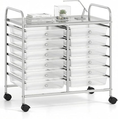 COSTWAY 12-Drawer Rolling Storage Cart, Utility Storage Organizer Cart for Tools, Scrapbook, Paper, Craft, Multipurpose Art Supply Organizer on Wheels for Home Office School, Teacher, Clear
