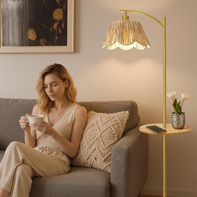 Oneach Floor Lamp with Table for Bedroom, Boho Standing Lamps with Foot Switch