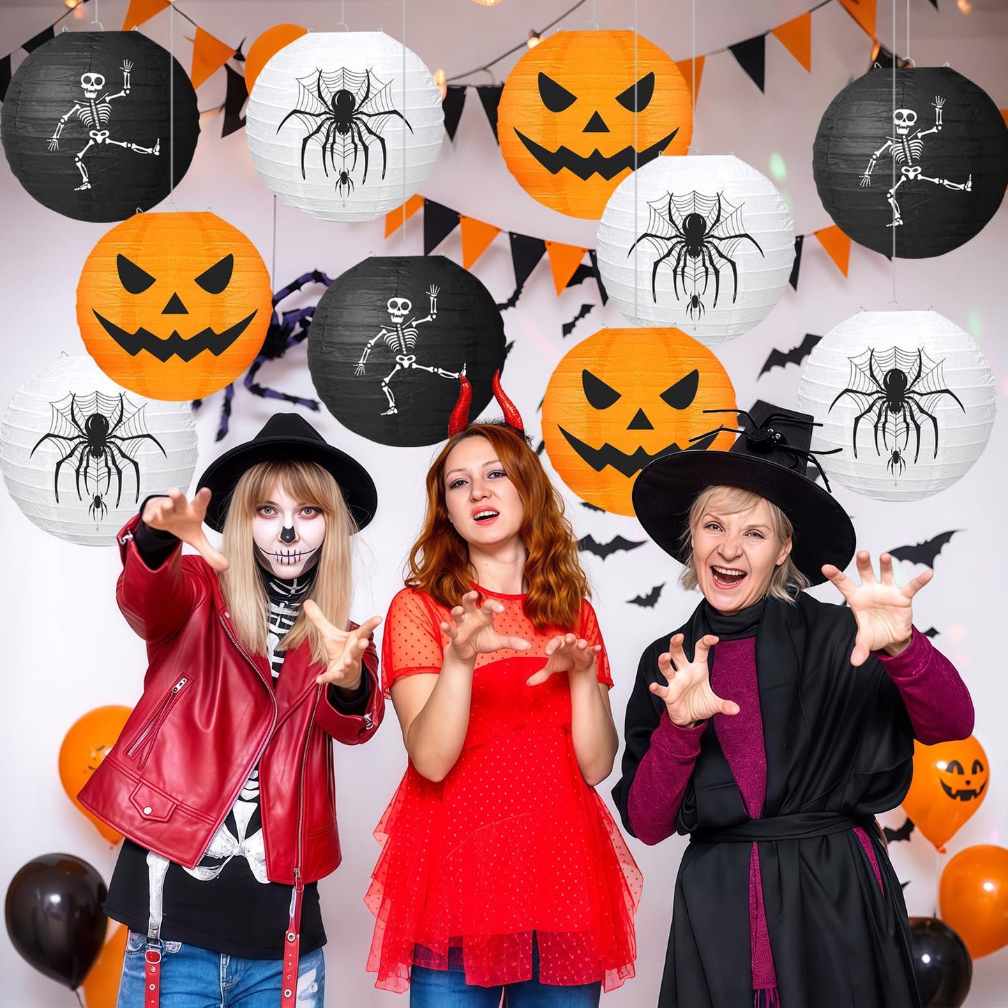 KAXIXI Halloween Party Decorations - 10pcs Halloween Spooky Spider Skeleton Pumpkin Printed Hanging Paper Lanterns for Halloween Decorations Birthday Yard Garden Decor Outdoor Indoor