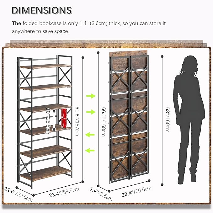 4NM 6 Tiers No Assembly Book Shelves, 61.8" H Folding Bookshelf Bookcase Open