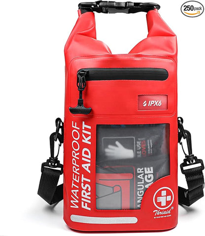 250 PCS Waterproof First Aid Kit, Roll Top Reflective Boat Dry Bag Bug Out Bags, Emergency Medical Kit Ideal for Boating, Camping, Fishing, Kayaking, Floating, Red