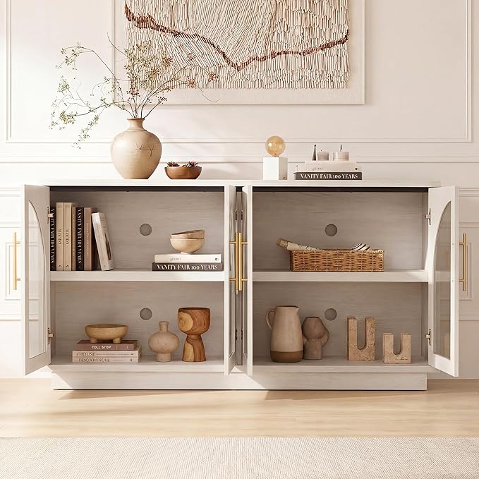 Fatmok 59" Buffet Cabinet with Glass Doors, Modern Arched Sideboard with Large
