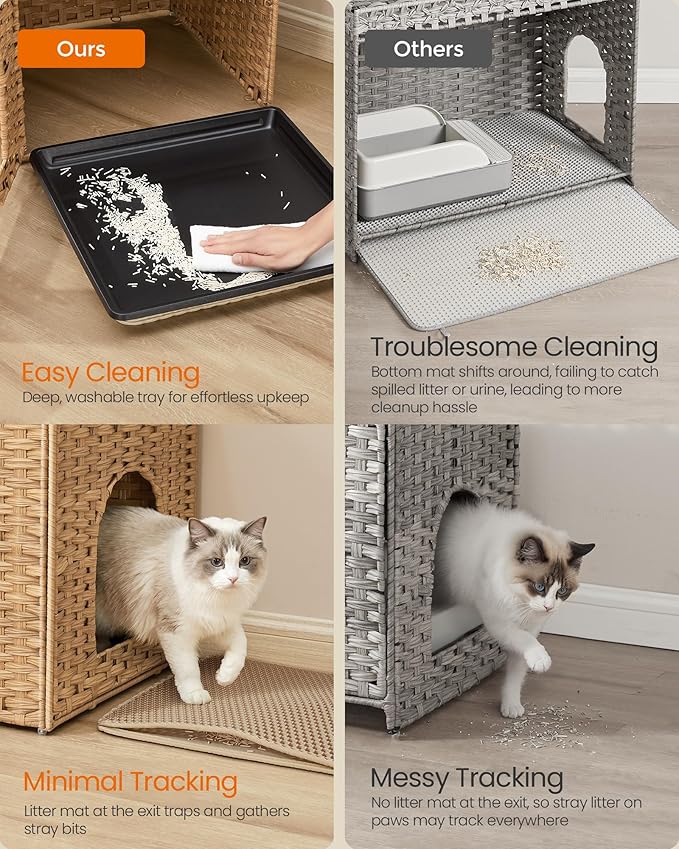Feandrea Cat Litter Box Enclosure, Handwoven Rattan Hidden Litter Box Furniture