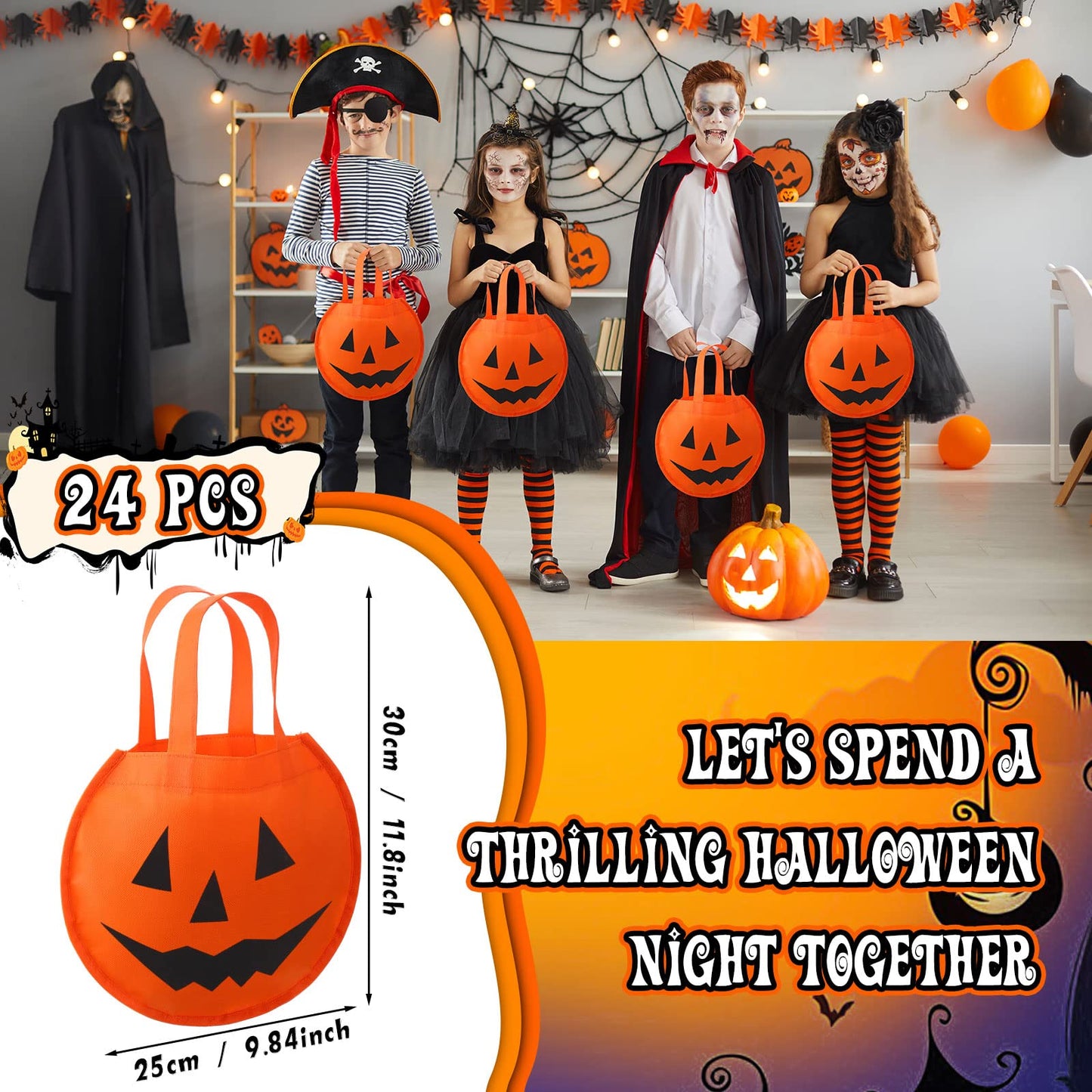 Cunno 24 Pcs Halloween Pumpkin Bags 11.8 x 9.8 Inches Non Woven Trick or Treat Bags Pumpkin Face Candy Goody Tote Gift Bucket Bag with Handles for Halloween Party Favors Supplies