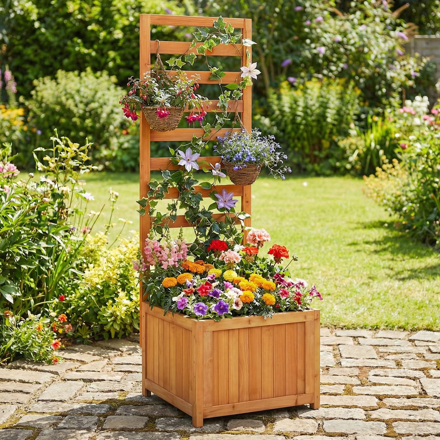 Giantex Wood Raised Garden Bed with Trellis, Outdoor Planter Box for Vines Flowers Vegetables, Herbs, Freestanding Plant Container Privacy Planters for Porch, Patio, Backyard