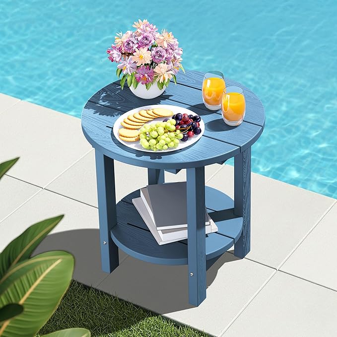 SERWALL Round Outdoor Side Table Set of 2, HDPE Small Adirondack Double End