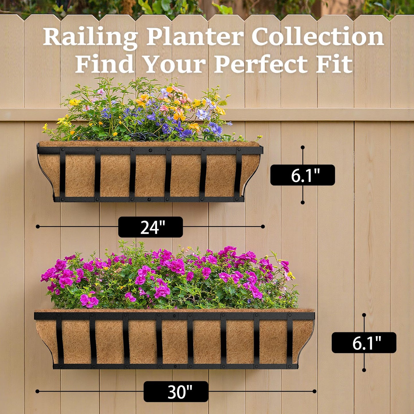 VOXOR Railing Planter Boxes, Heavy Duty Window Box Planters, Adjustable Balcony Planters for Railing Hanging, with Coco Liner & Support Rod for Deck, Porch, and Patio Gardening (3 Pack, 24 Inch)