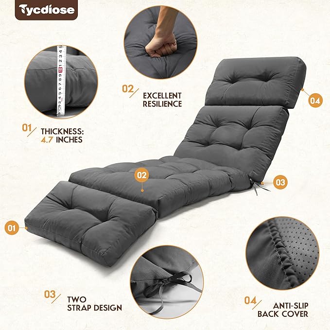 Outdoor Chaise Lounge Chair Cushion Waterproof 74.4 x 22 x 4.7 Inches Memory