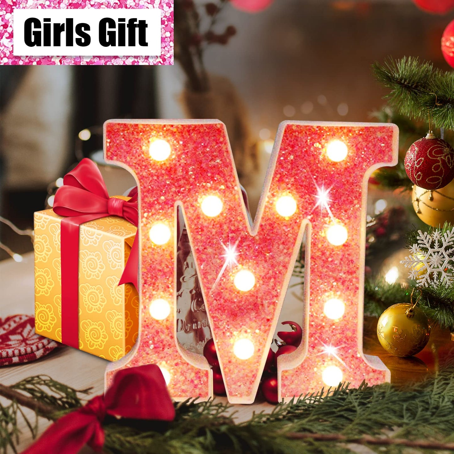Light Up Letters, Glitter Alphabet Letter Sign Pink LED Marquee Letter Lights Battery Powered for Night Light Girls Bedroom Birthday Party Wedding Home Christmas Decorations Gift for Her-Pink B