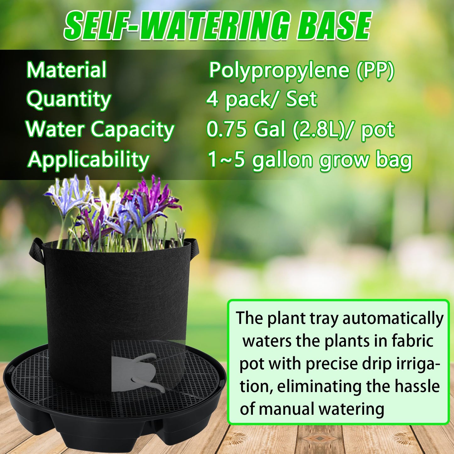4 Pcs Self-Watering Fabric Pot Base, Auto-Irrigation System Plant Saucer for 5 Gallon Fabric Pots, Auto Watering Plant Water Tray Self Watering System for Indoor Greenhouses Grow Tents Gardens