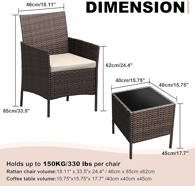 GarveeLife 3-Piece Patio Furniture Set, Rattan Outdoor Furniture