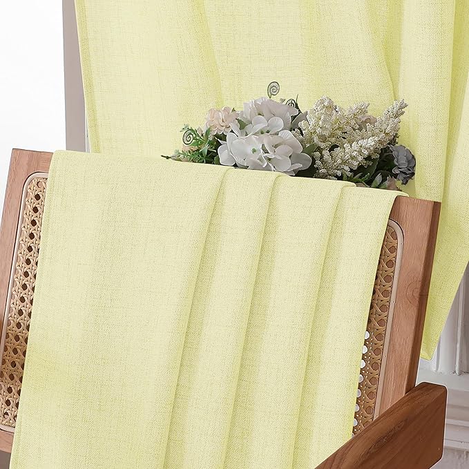 Tollpiz Short Linen Curtain Living Room Rod Pocket Semi Sheer Curtains Burlap Light Filtering Thick Linen Drape for Bedroom, 54 x 45 inches Long, Cream Yellow, Set of 2 Panels