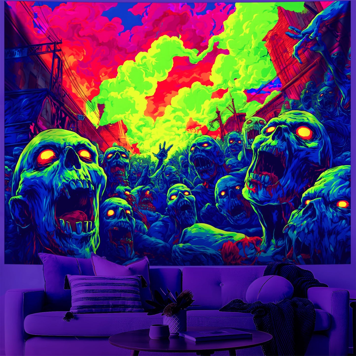 BVBOX Blacklight Halloween Tapestry Horror Moon Night Scary Cemetery Pumpkin Lantern Halloween Tapestry Wall Hanging Skull Horror Poster Banners for Bedroom Livingroom (Zombie-1, 59L x 51W, Unframed)