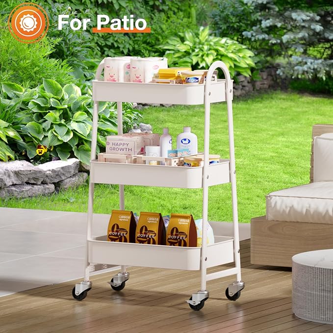 NEWBULIG 3-Tier Metal Rolling Storage Cart, Heavy Duty Mobile Utility Organizer Shelf with Lockable Wheels, Multifunctional Trolley for Daily Supplies, Home Indoor Daily Use, White