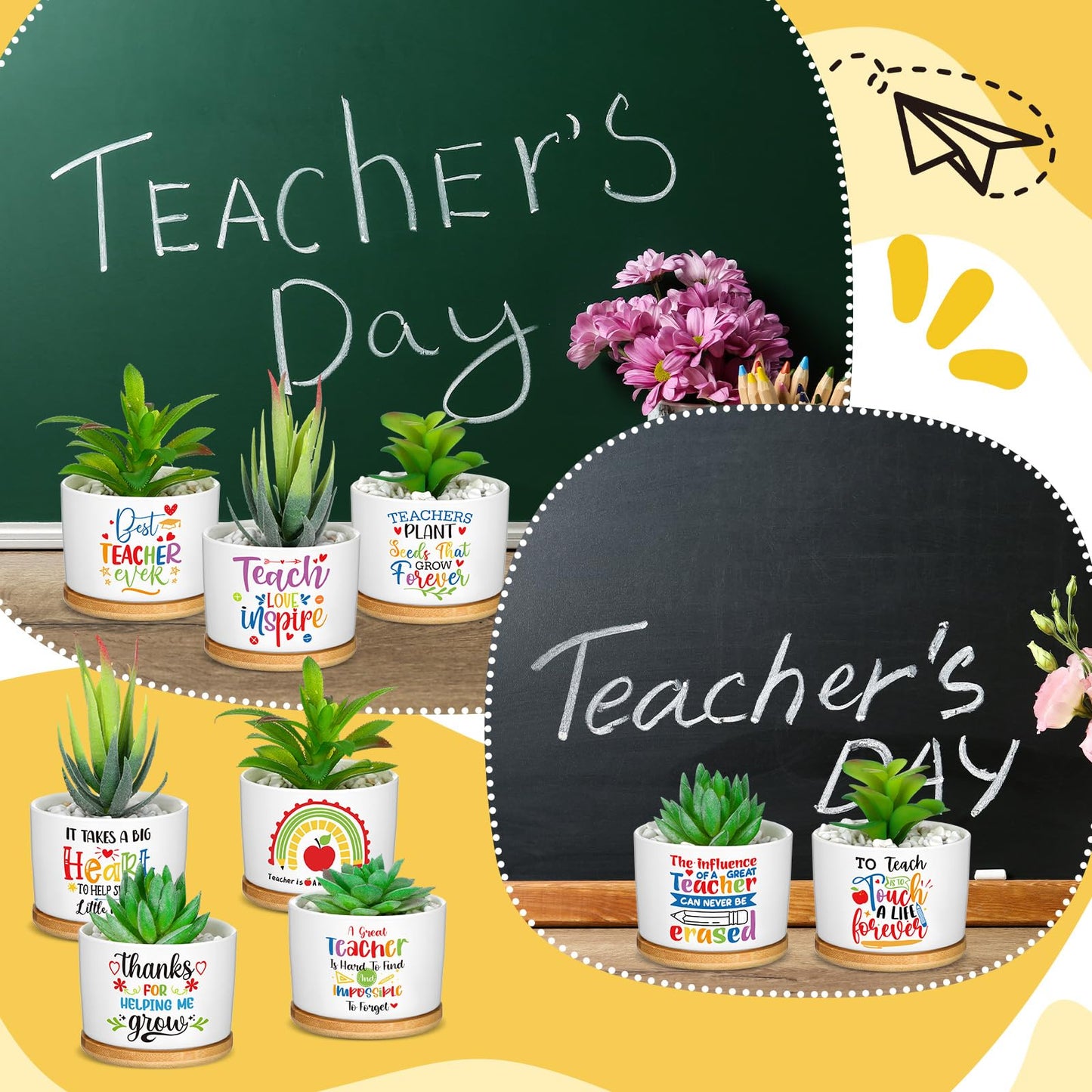 Domensi 9 Pcs Teacher Appreciation Gifts Bulk Ceramic Succulent Plant Pot with Bamboo Tray Ceramic Planter Accessories for Funny Cute Teacher Birthday Retirement Gifts
