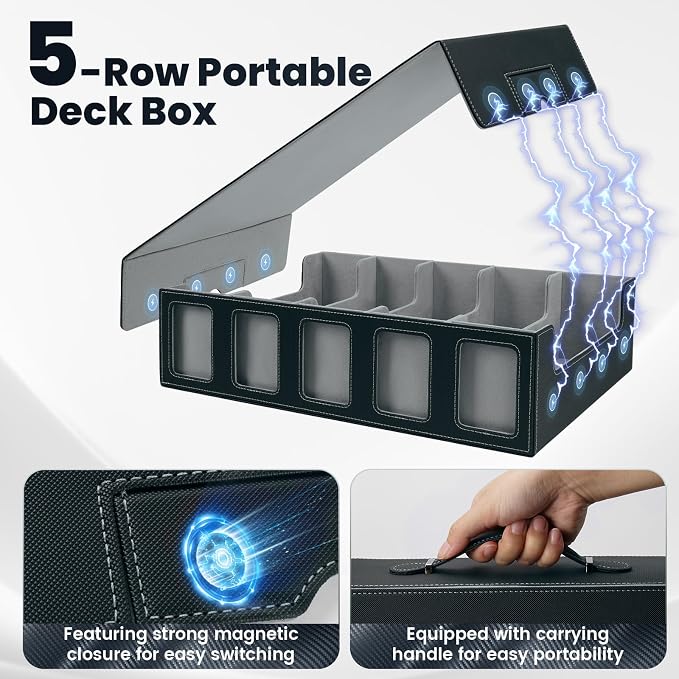 Trading Card Storage Box with Handle, 5-Row Portable Leather Game Case for 4000+ Cards,Grey Card Collection Box with Commander Display Window for MTG, Yugioh, and Sports Cards Gifts for Card Collector