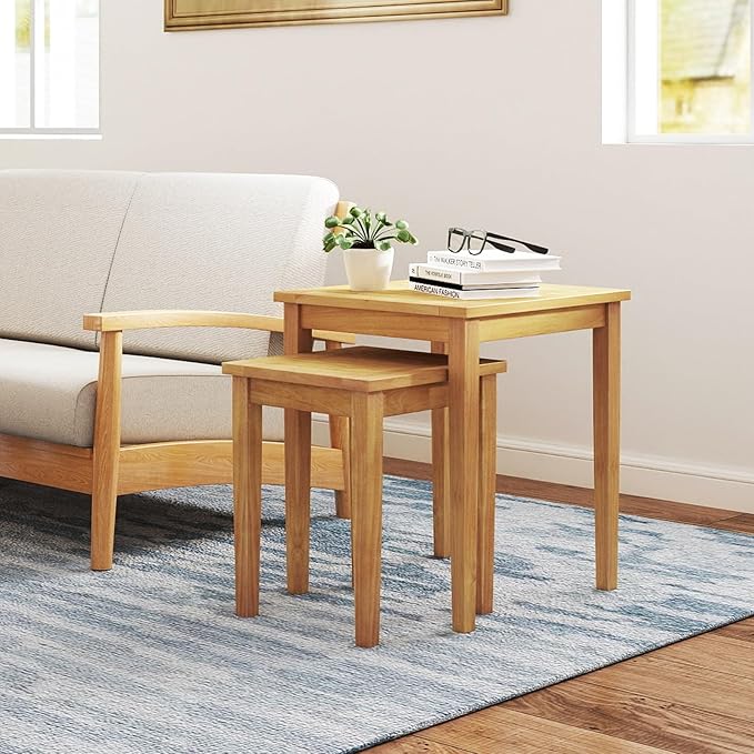 Tangkula 2 Pieces Patio Nesting Table, Teak Wood Outdoor Space Saving Design