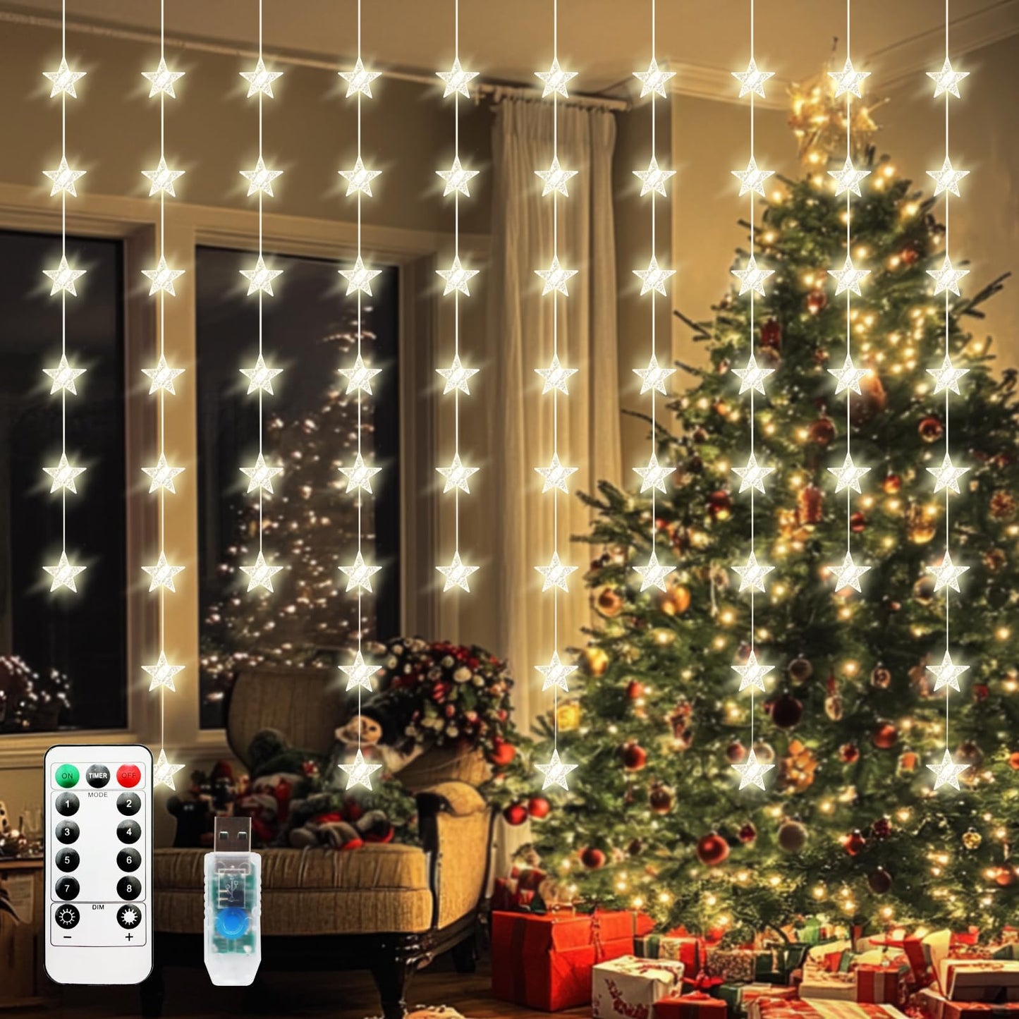 Patioman Star Curtain Lights, Warm White Window Lights 70 Stars Hanging Light with Remote Fairy Led Twinkle String Lights Home Bedroom Wall Ceiling Décor for Christmas, Wedding, Party, Birthday