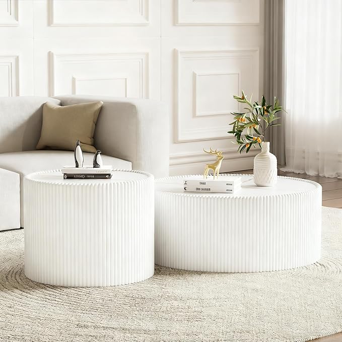 SSLine Round Drum Coffee Table Set of 2 Modern Sintered Stone Top Nesting
