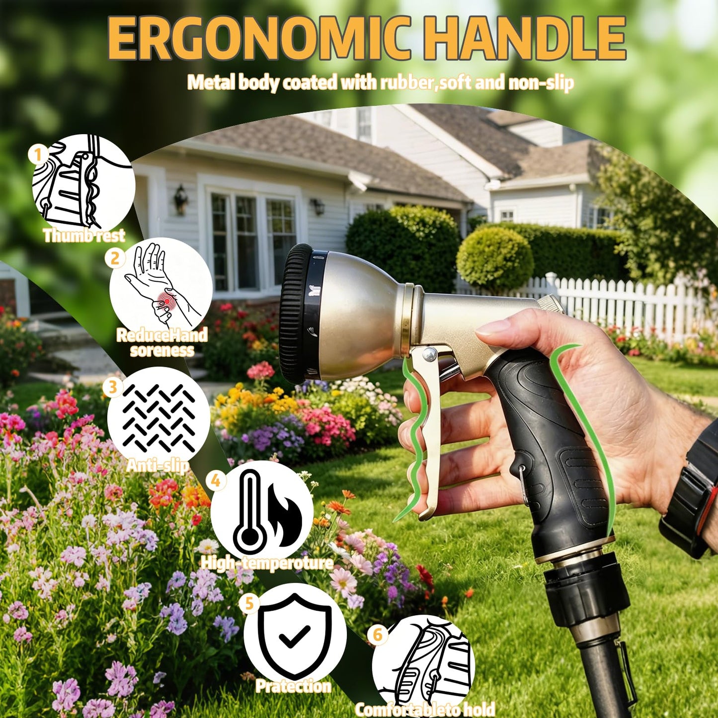 Livoanah Garden Hose Nozzle Heavy Duty, High Pressure Hose Sprayer with 9 Spray Patterns, Metal Water Hose Nozzle Leakproof for Car Washing, Lawn Care, Plant Watering, Patio Cleaning & Pets (orange)