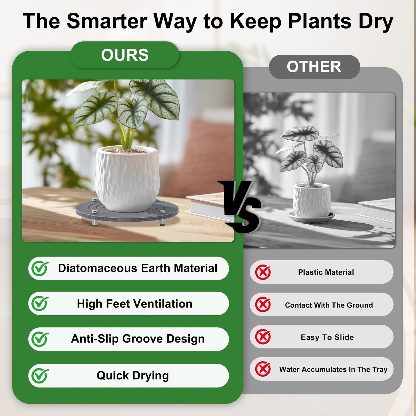 SeekElegant 2Pcs 8 Inch Plant Saucers for Indoors, Instant Dry Diatomaceous Earth Plant Saucer, Plant Trays for Pots with Stainless Steel Feet, Plant Water Catcher Tray, Gray