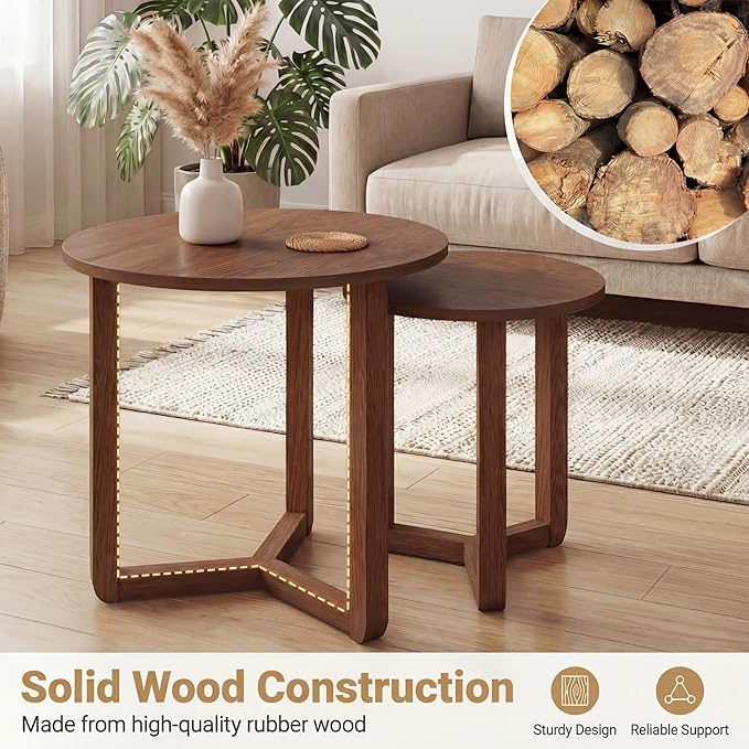 Tangkula Round Nesting Coffee Table Set of 2, Farmhouse End Tables