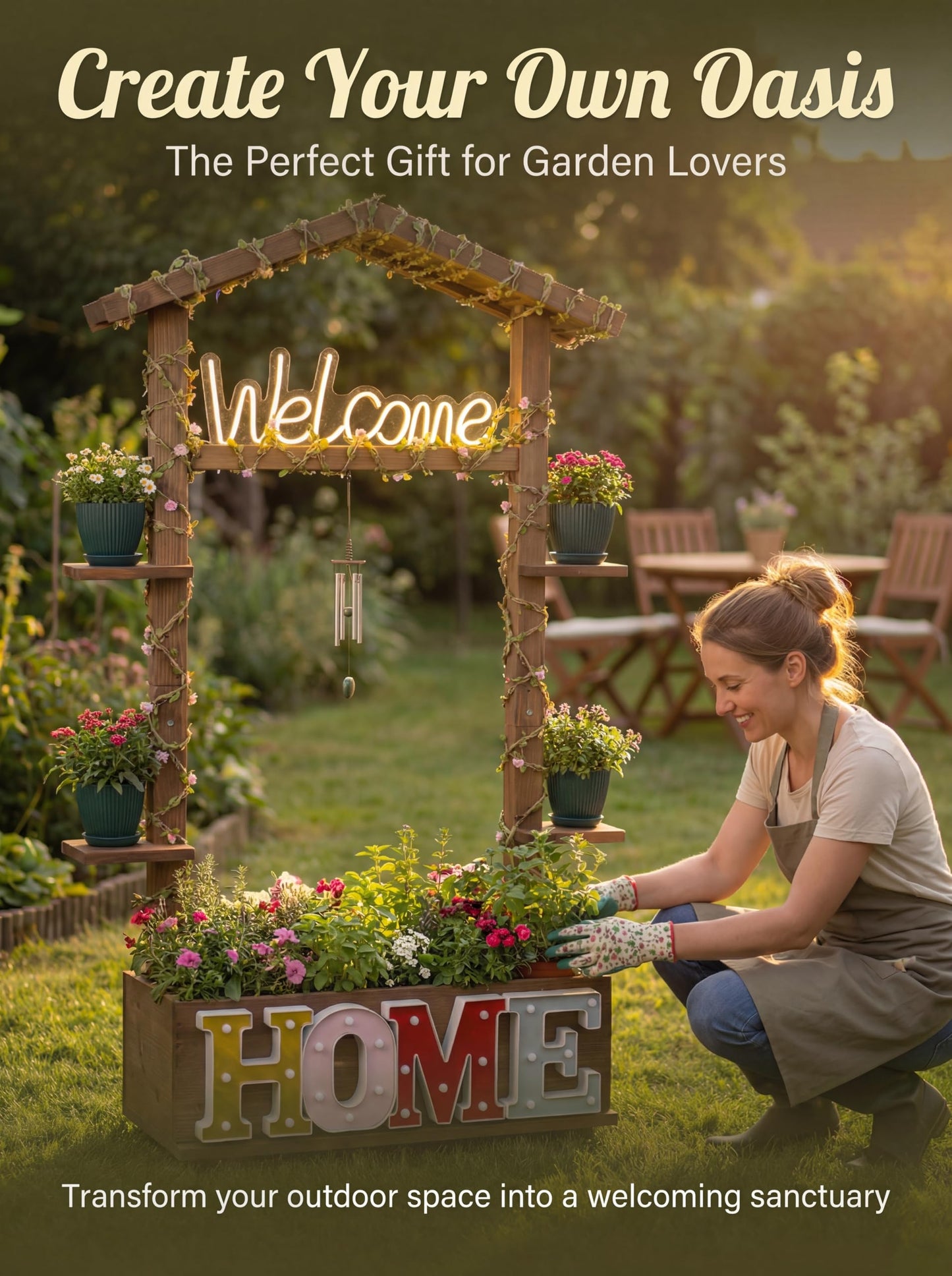 Borsynium Rustic-Style Floor-Standing Wooden LED Sign with Plug-in Functionality, Ideal for Planting or Arranging Flowers in Gardens, Lawns, or Front Entrances, 28.7x8.7x50.0 Inches