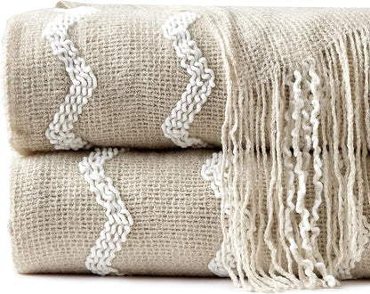 BOURINA Fluffy Chenille Knitted Fringe Throw Blanket Lightweight Soft Cozy for Bed Sofa Chair Throw Blankets, Beige 50" x 60"