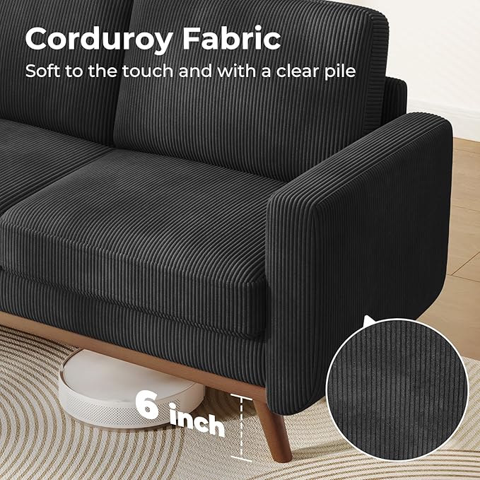 Vesgantti 68" Loveseat Sofa Black, Comfy Corduroy Couch