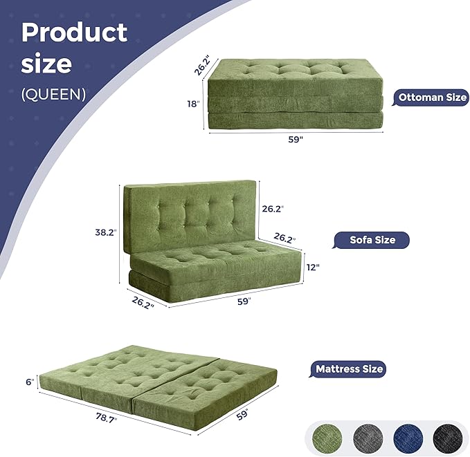 MAXYOYO 6" Folding Sofa Bed for Floor, Tufted Tri-Fold Floor Mattress