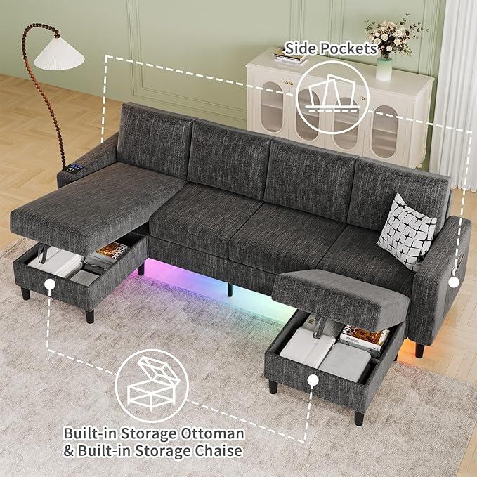 Sectional Couches for Living Room, 6-Seats Soft Linen Fabric Sectional Sofa