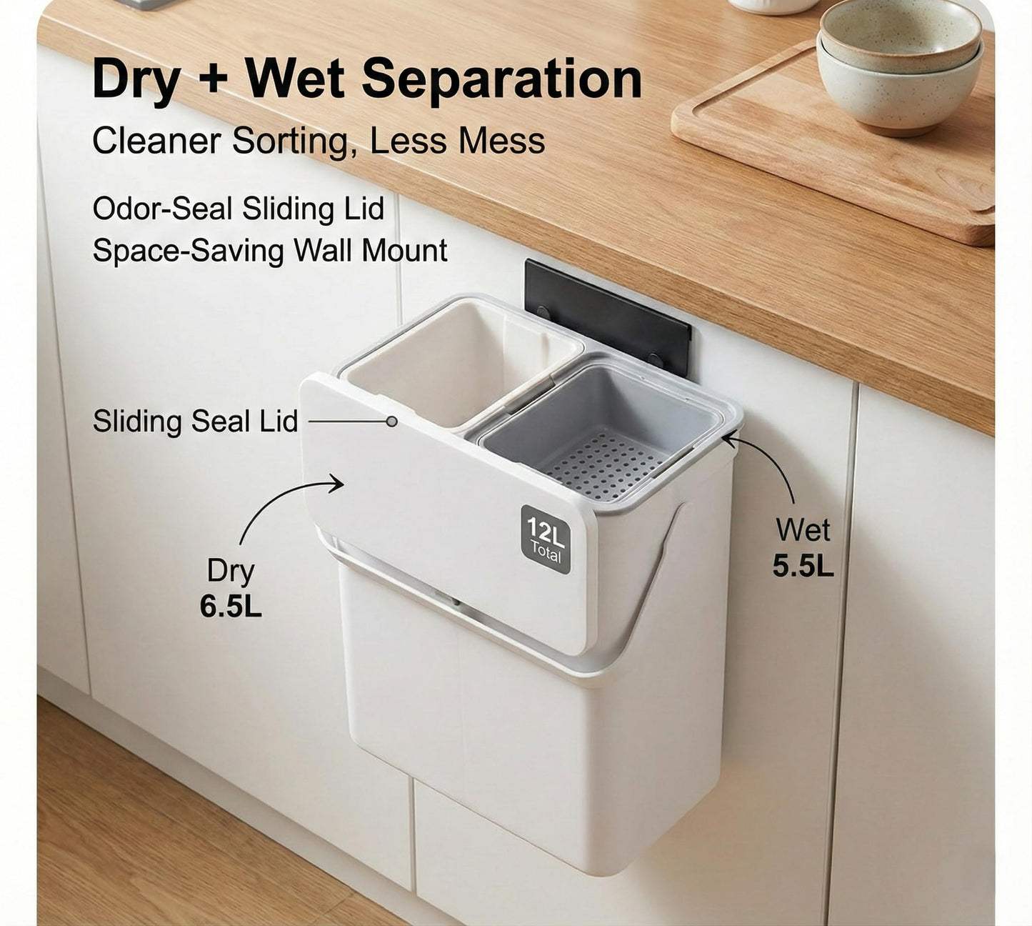 TOSCARA 3.2 Galoon Kitchen Compost Bin with lid | Odorless Hanging Trash Can with Sliding Lid for Dry & Wet Waste – 12 L Wall-Mounted Garbage Can for Kitchen Cabinet. Under Sink Trash can for Office.