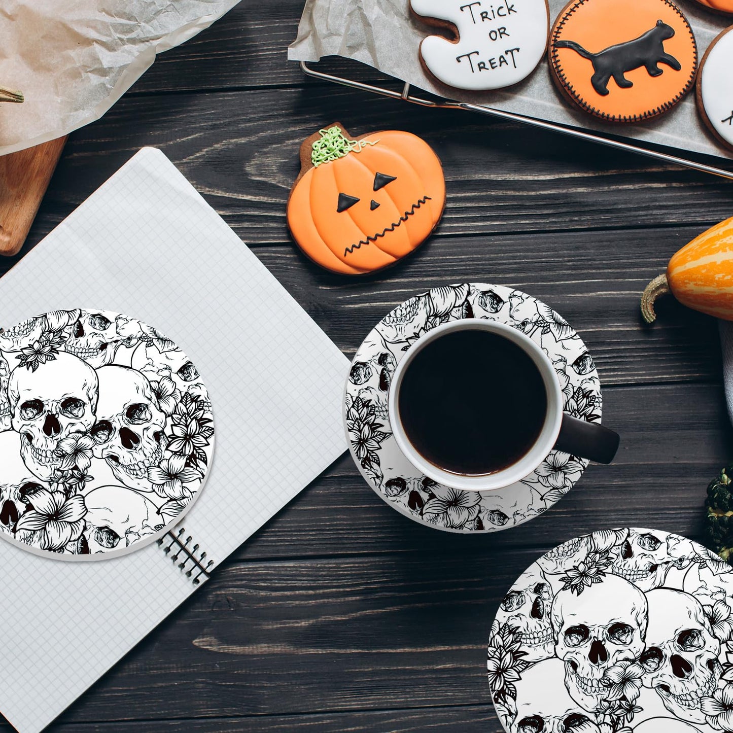 Whaline 6Pcs Halloween Ceramic Coasters with Iron Holder Skull Floral Drink Coasters Absorbent Cup Mat for Mug Cup Home Kitchen Party Table Decor