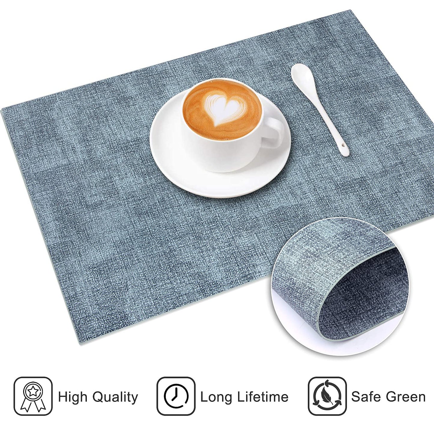 LANDVIEW Leather Heat Resistant Placemats Set of 6 Waterproof Wipeable Washable PU Table Mats,Easy to Clean Anti-Slip (6, Blue)