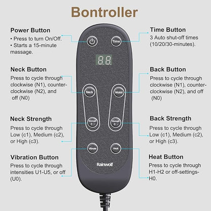 Rainwolf Shiatsu Neck and Back Massage Cushion with Heat - 4D Deep Tissue Kneading Full-Back Massager for Relief Tension, Adjustable Intensity & Height, for Office Chair & Home