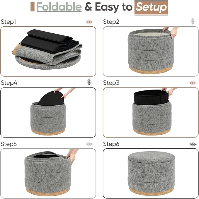 Round Storage Ottoman with Tray Lid, Folding Chenille Fabric Footrest with