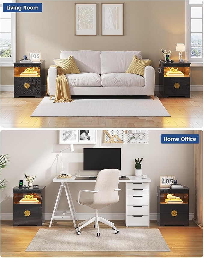 Nightstands Set of 2 with Gun Drawer, Bedside Table with 3-Color LED Lights &