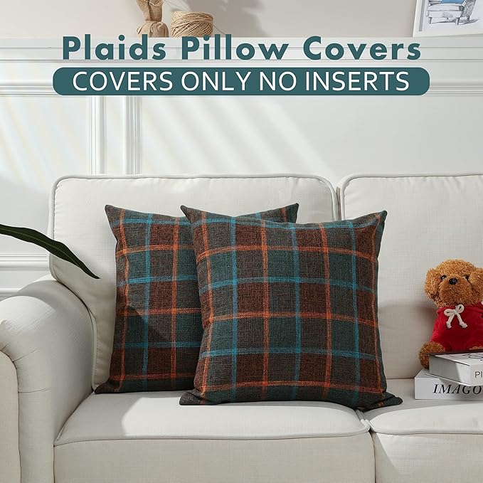 Stellhome Pack of 2 Fall Linen Buffalo Check Throw Pillow Covers, Farmhouse